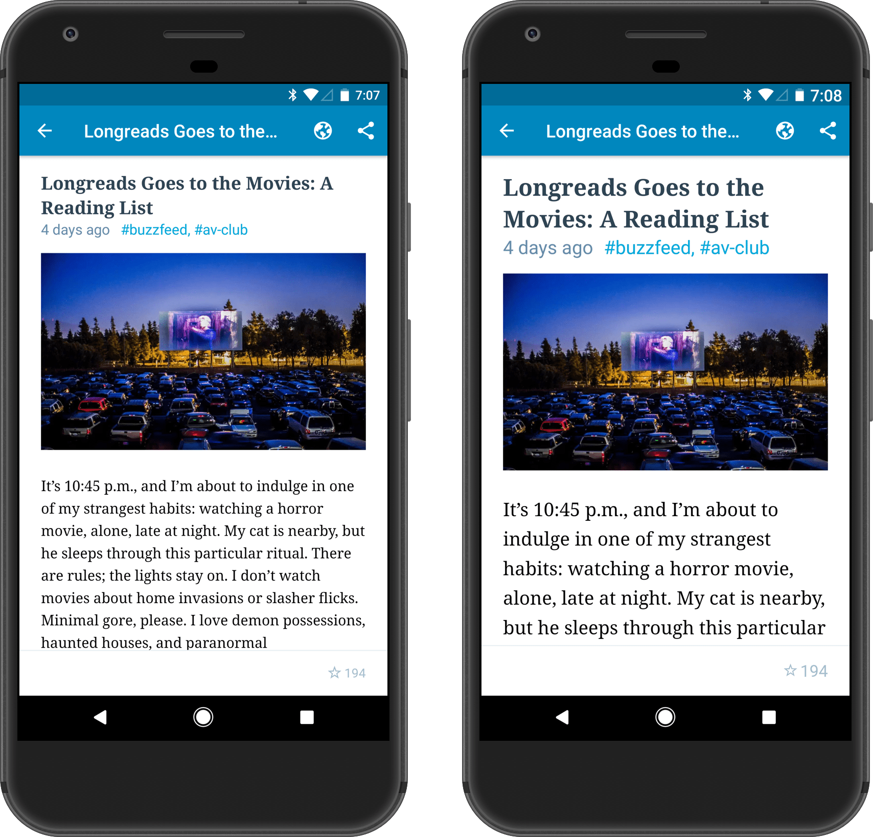 Screenshot of Android devices showing default and larger font sizes