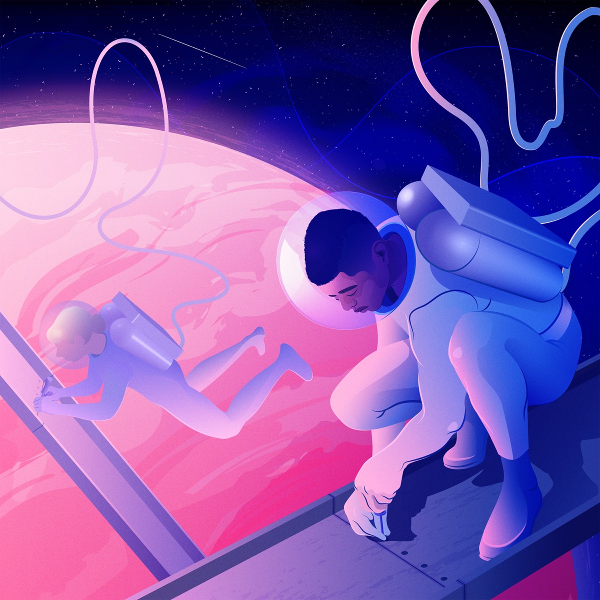 A man fixing a structure in outerspace orbiting a planet with a woman in the background fixing something too.