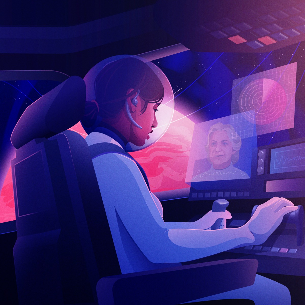 A woman in a spaceship cockpit piloting in relation to the orbit of a planet.