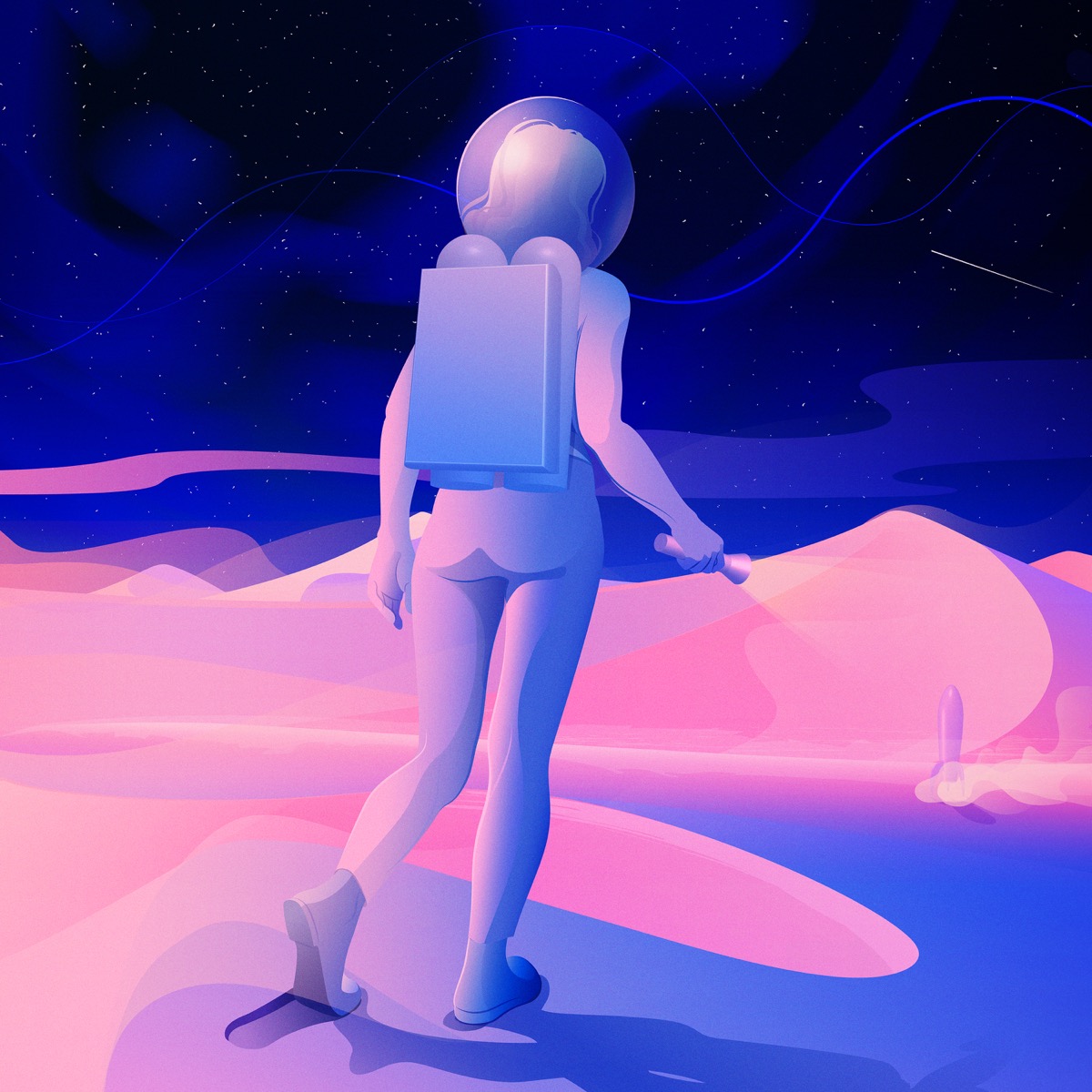 A person holding a flashlight and walking on a desolate planet. Searching for something in the darkness.