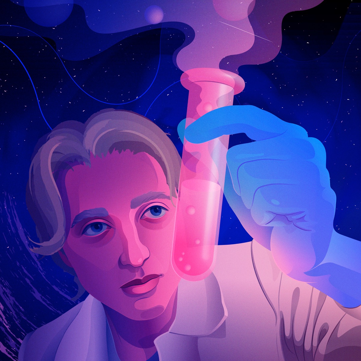 A person holding a beaker with bubbling, dangerous fluids but looking calmly.