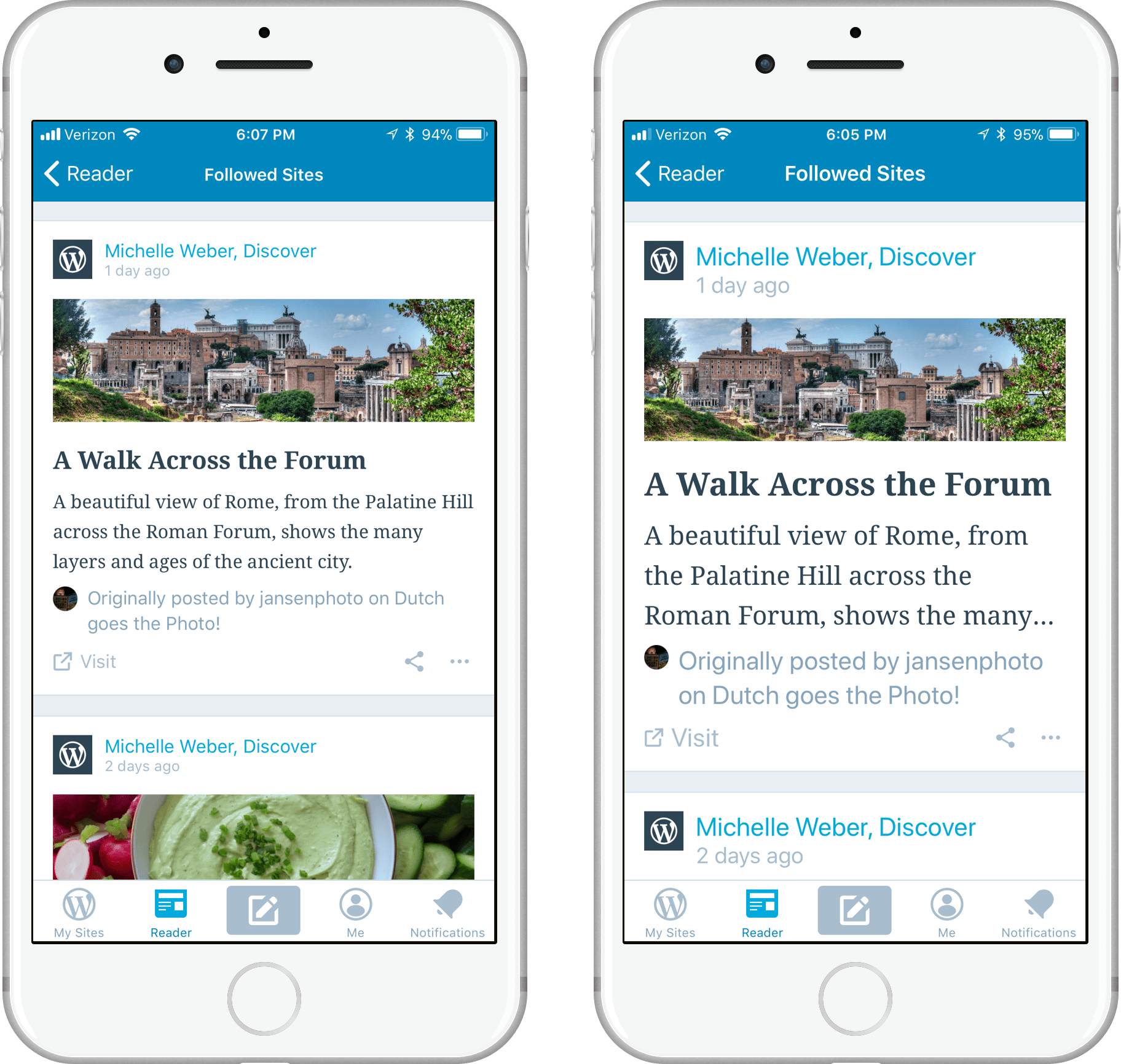 Screenshot of iPhones displaying text at the default and larger font sizes