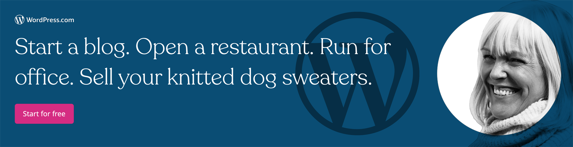 The wordpress logo juxtaposed to a smiling woman in black and white against a dark blue background.