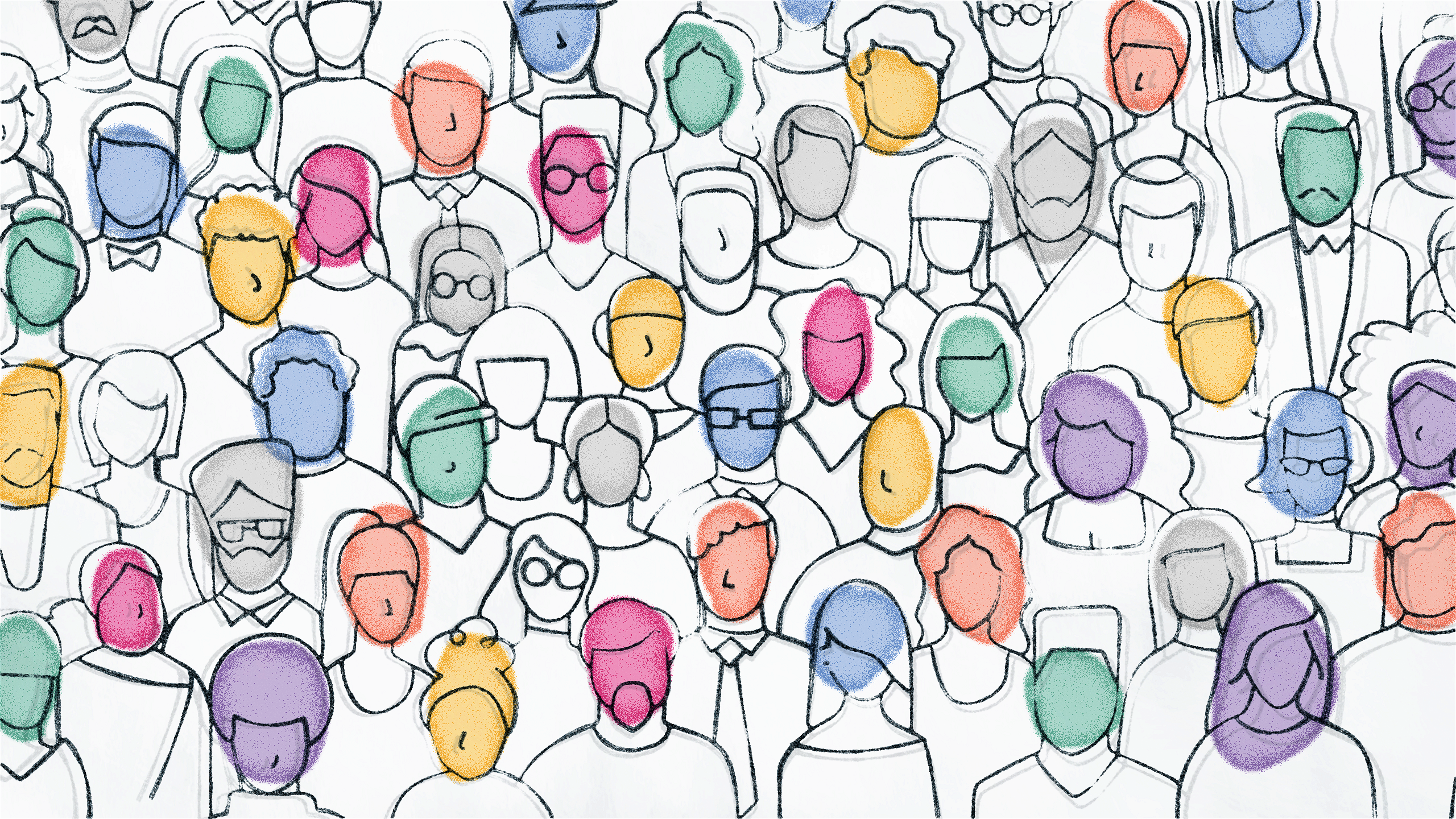 Hand-drawn image of a group of people with multicolored faces.