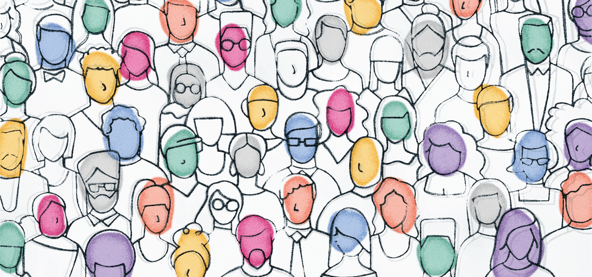 Hand-drawn image of a group of people with multicolored faces.
