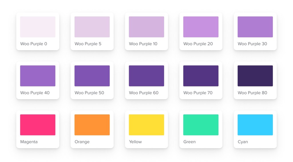 A grid of color swatches labeled with various shades of purple, including 'Woo Purple' in different shades and additional colors like Magenta, Orange, Yellow, Green, and Cyan.