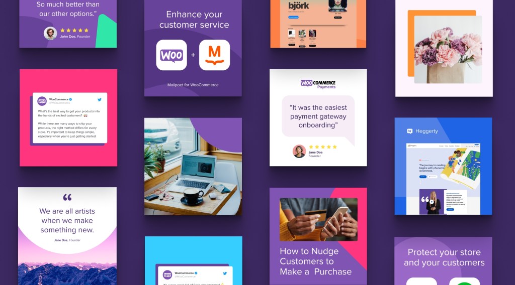 A collage of colorful graphic designs showcasing customer testimonials, app promotions, and design elements related to WooCommerce and customer service improvements.