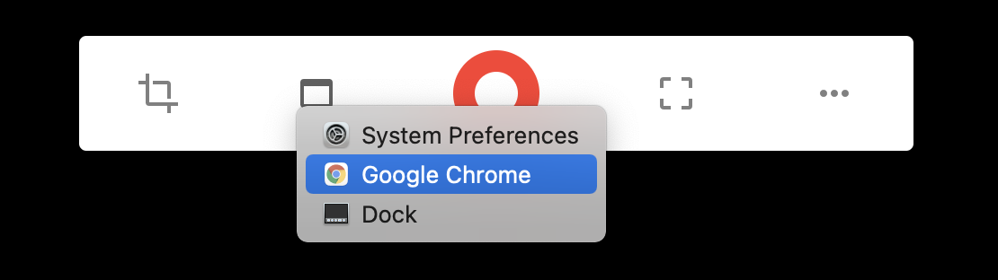 Screenshot of the MacOS "Kap" recording toolbar, with the window selection tool toggled, showing the ability to crop the recording to just the active application window.