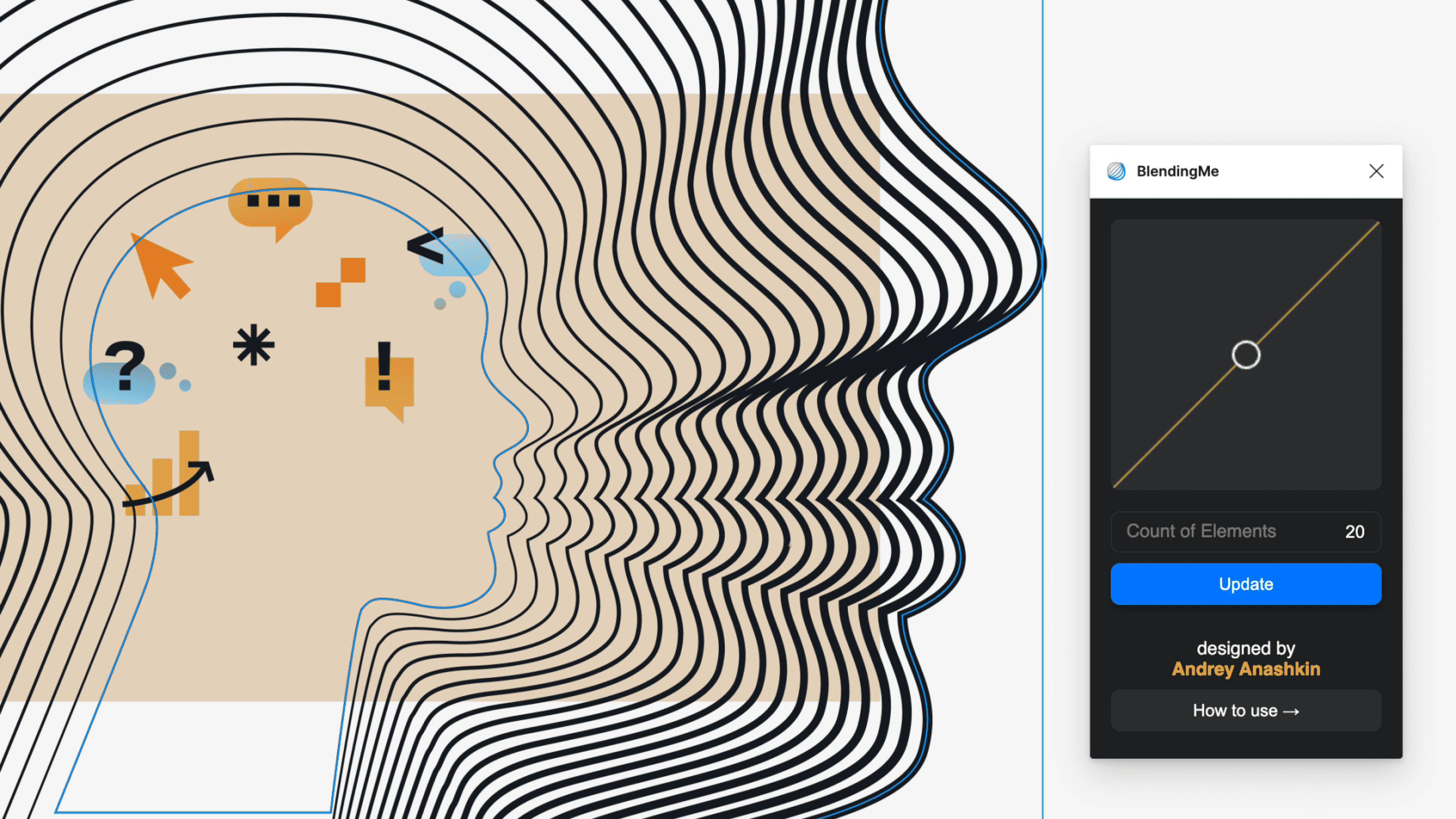 Abstract digital illustration of a human head in profile, filled with colorful icons like speech bubbles, arrows, and symbols, surrounded by a series of black contour lines that distort and ripple outward, creating a layered effect. A small user interface panel on the right shows settings for element count and design options.