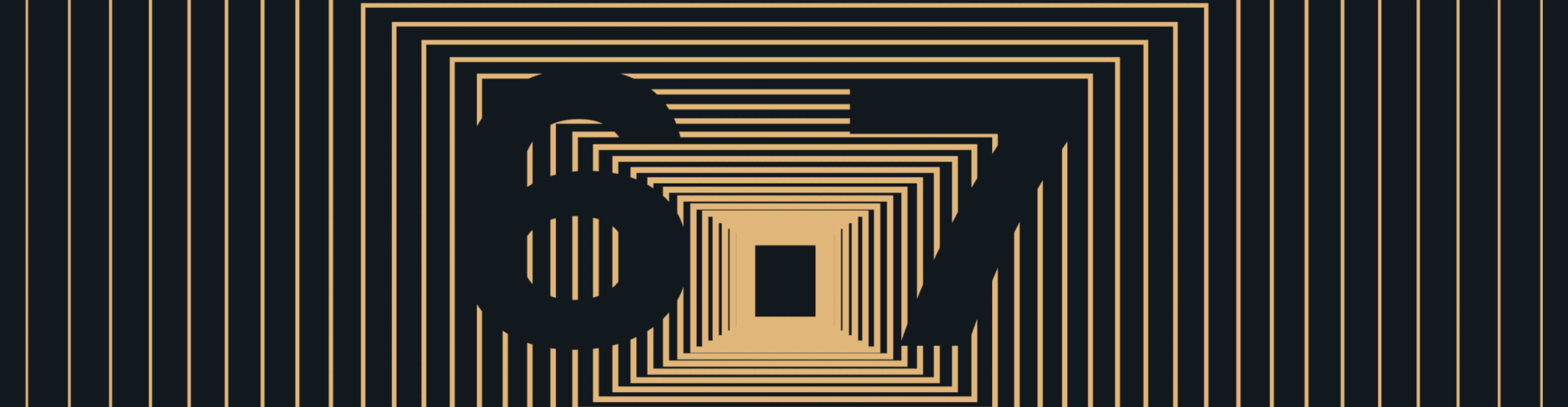 Bold, stylized numbers "6.7" in black, set against a background of concentric gold and black squares and vertical gold lines, giving a retro-futuristic, tunnel-like effect.