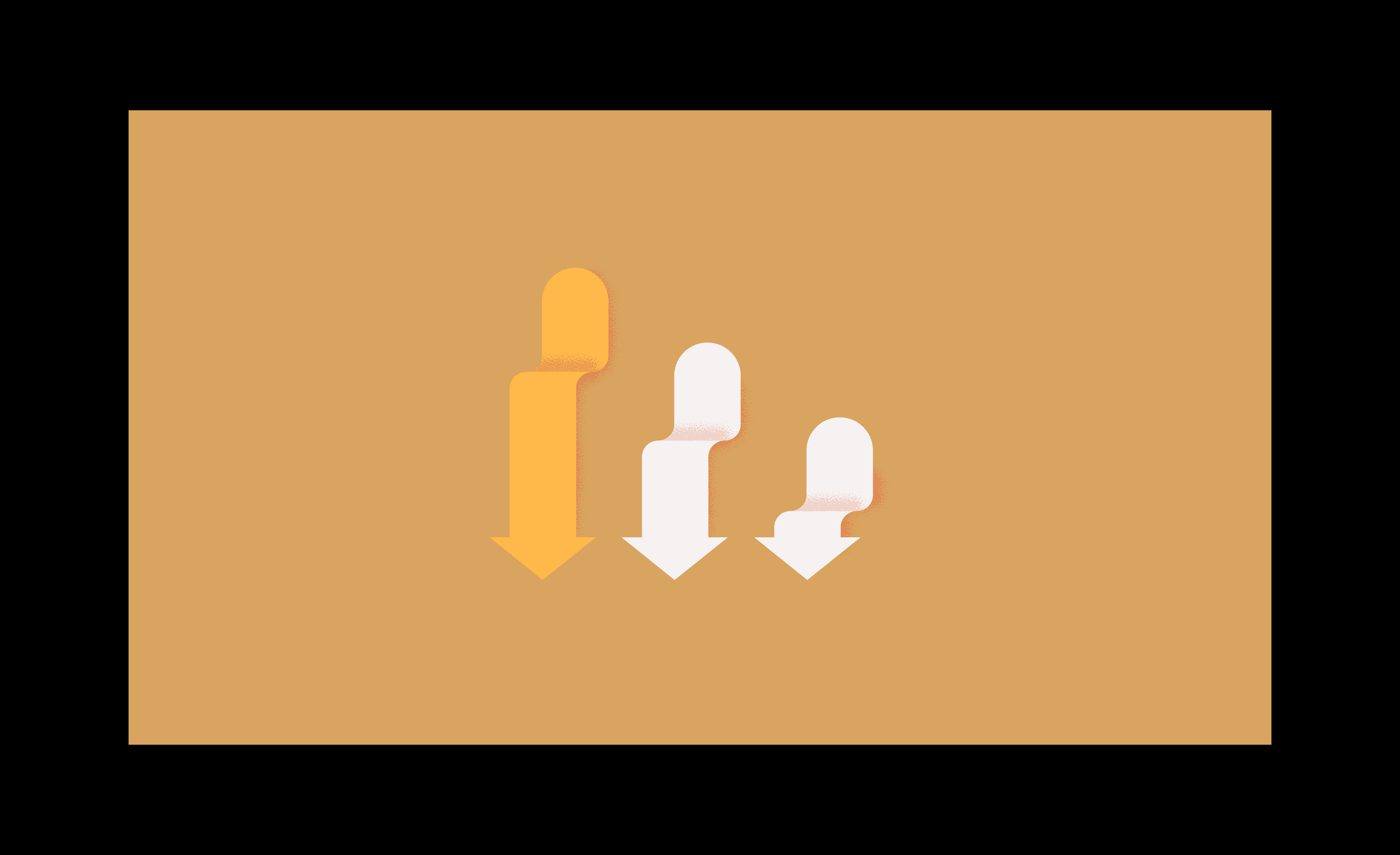 Three descending arrows in various colors — orange, white, and soft gradient shades — arranged in a stacked formation.