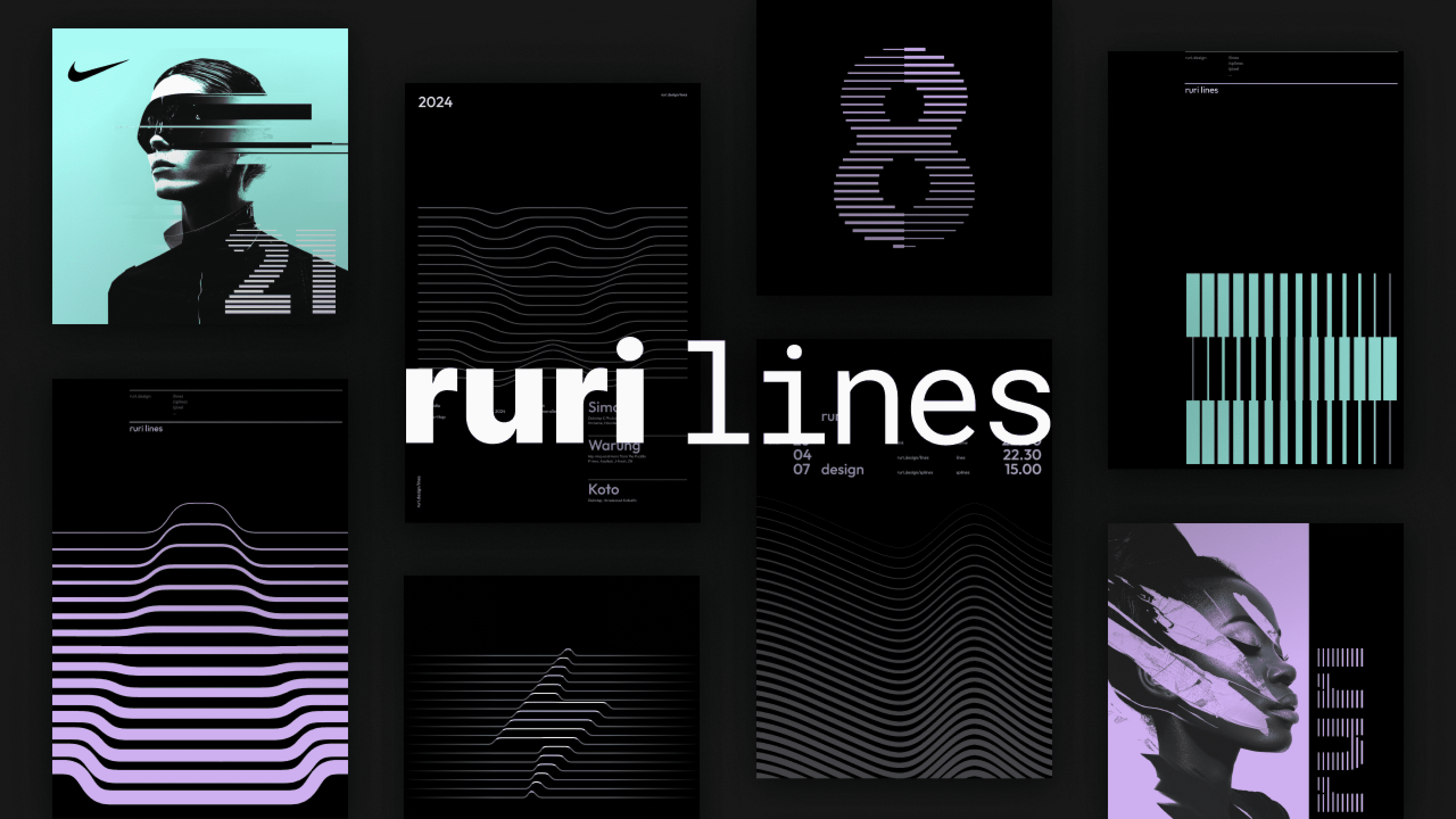 A mix of abstract, minimalist typography including the word "ruri lines" and various digital designs featuring waves and futuristic fonts.