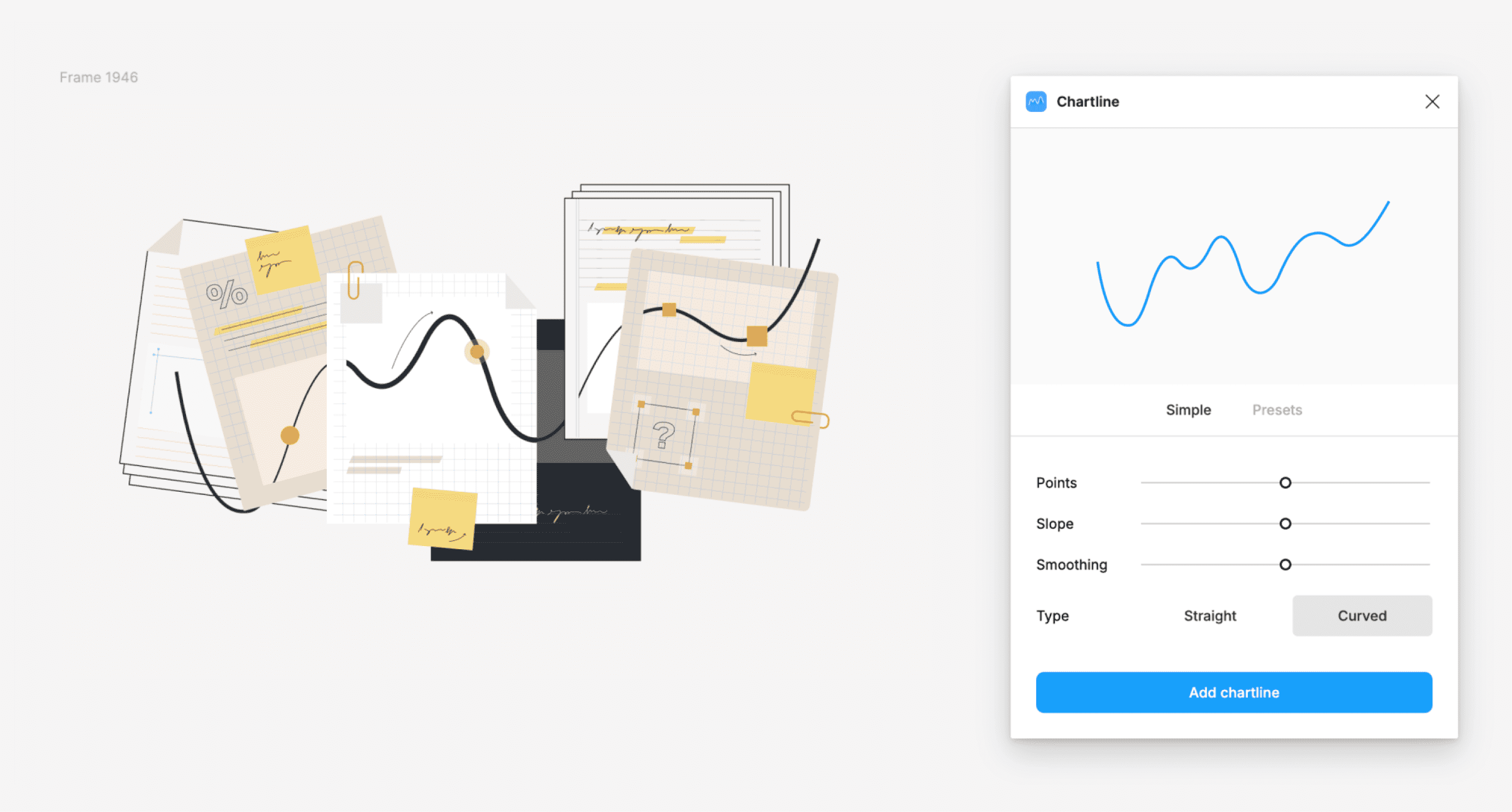 A collection of charting tools and note papers with a graphical line chart and scattered sticky notes indicating an analytical process.