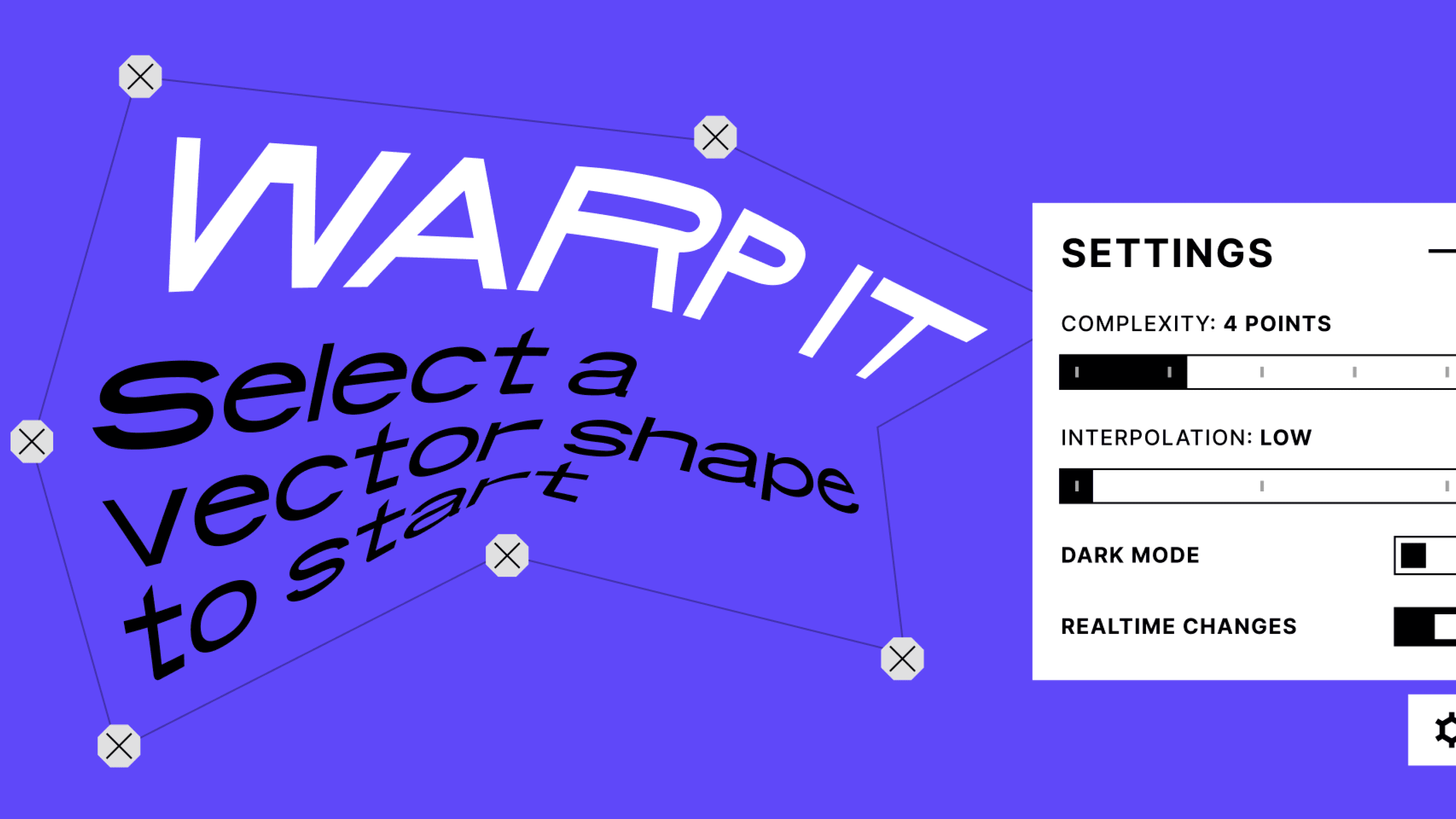 Text transformation using a vector warp tool, distorting the words 'Warp It' and 'Select a vector shape to start' with multiple anchor points and customizable settings for complexity and interpolation.