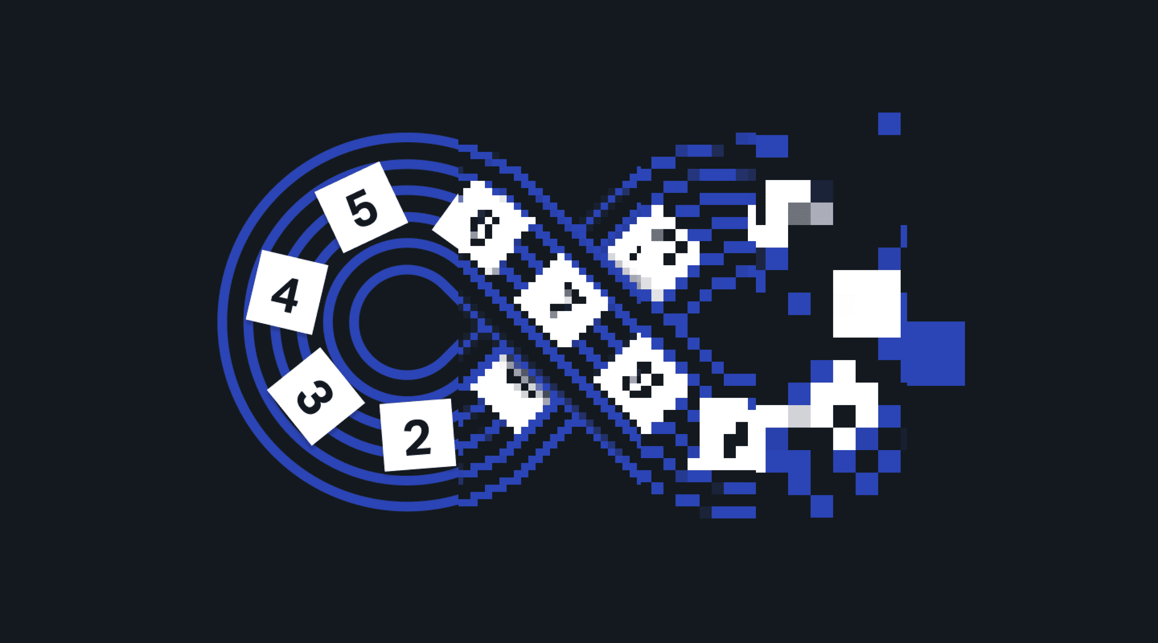 A pixelated abstract design featuring a number sequence arranged in a looping pattern with glitch effects on the pixels.