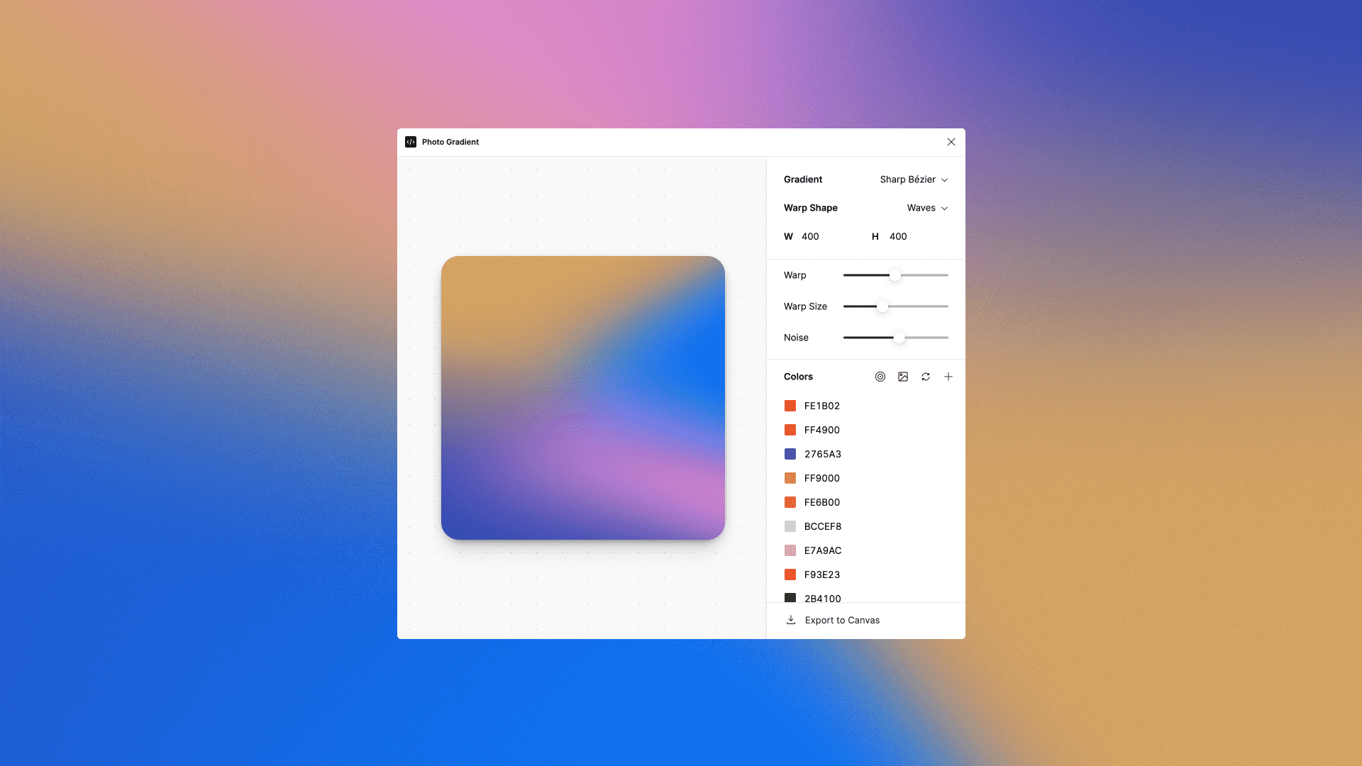 A vibrant photo gradient effect with adjustable color sliders, showing a smooth transition between blue and orange hues.