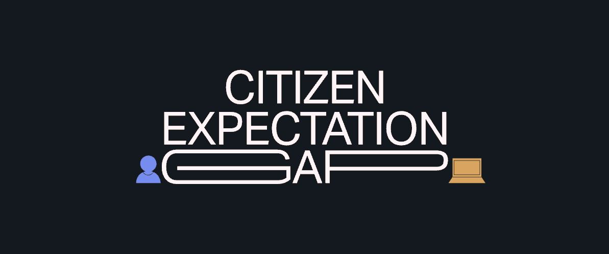 An illustration of the phrase "Citizen Expectation Gap" with icons representing a person and a laptop, symbolizing the gap in expectations and technology.