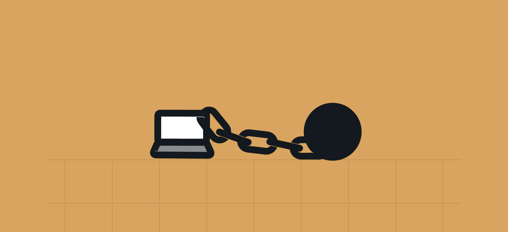 A symbolic illustration of a laptop chained to a heavy ball, representing the concept of technological constraints or digital freedom.