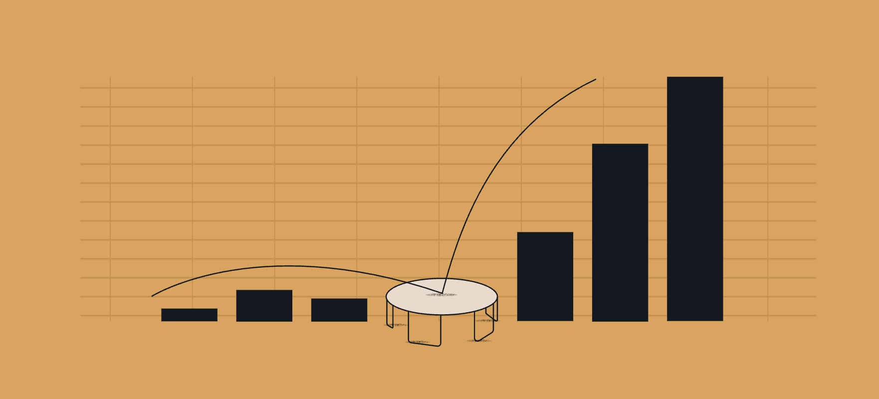 An infographic featuring bar charts and a parabolic line connecting them, illustrating data growth and patterns in a simplistic design.