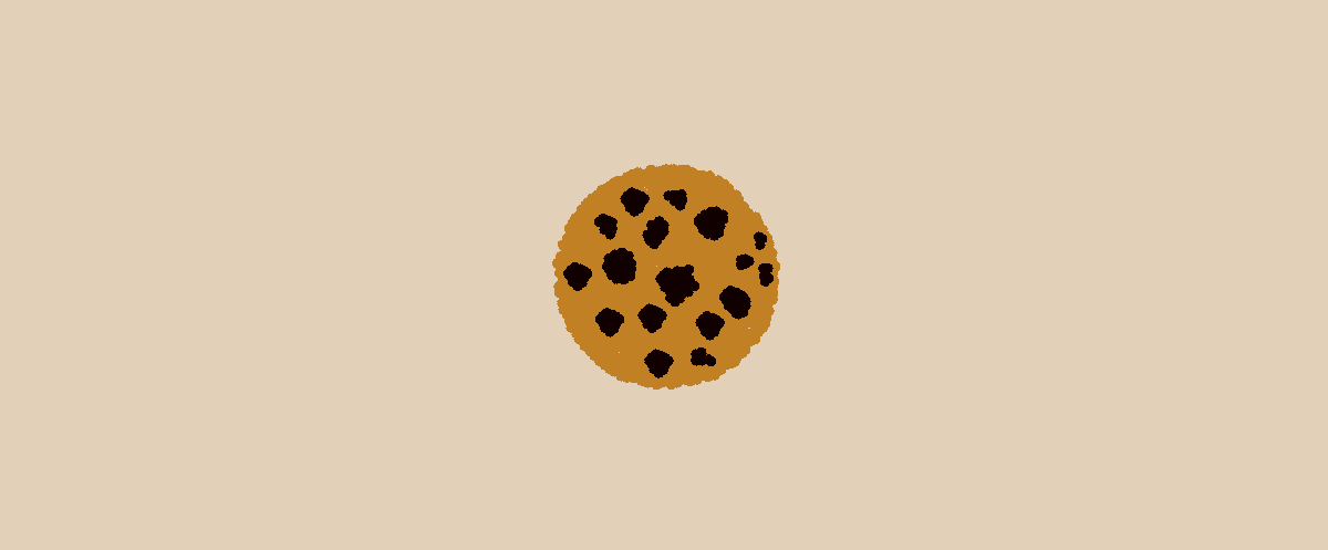 A stylized, round chocolate chip cookie with visible dark spots, set against a soft beige background for a playful and simple design.
