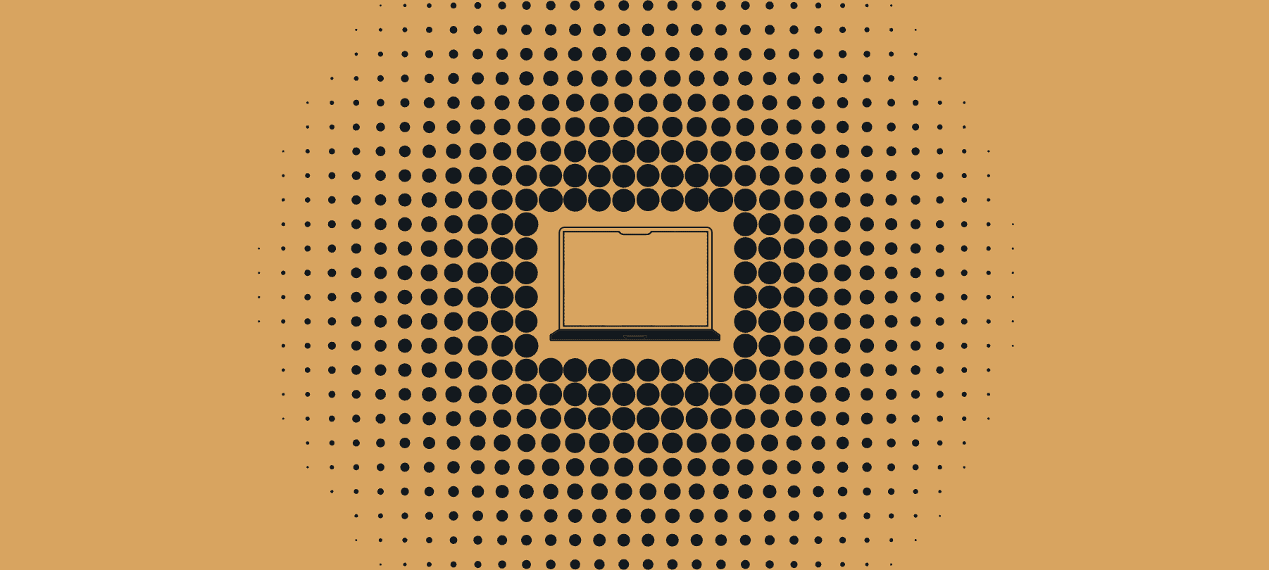 An illustrated laptop surrounded by a concentric pattern of black dots, emphasizing the focus on technology and digital designs.