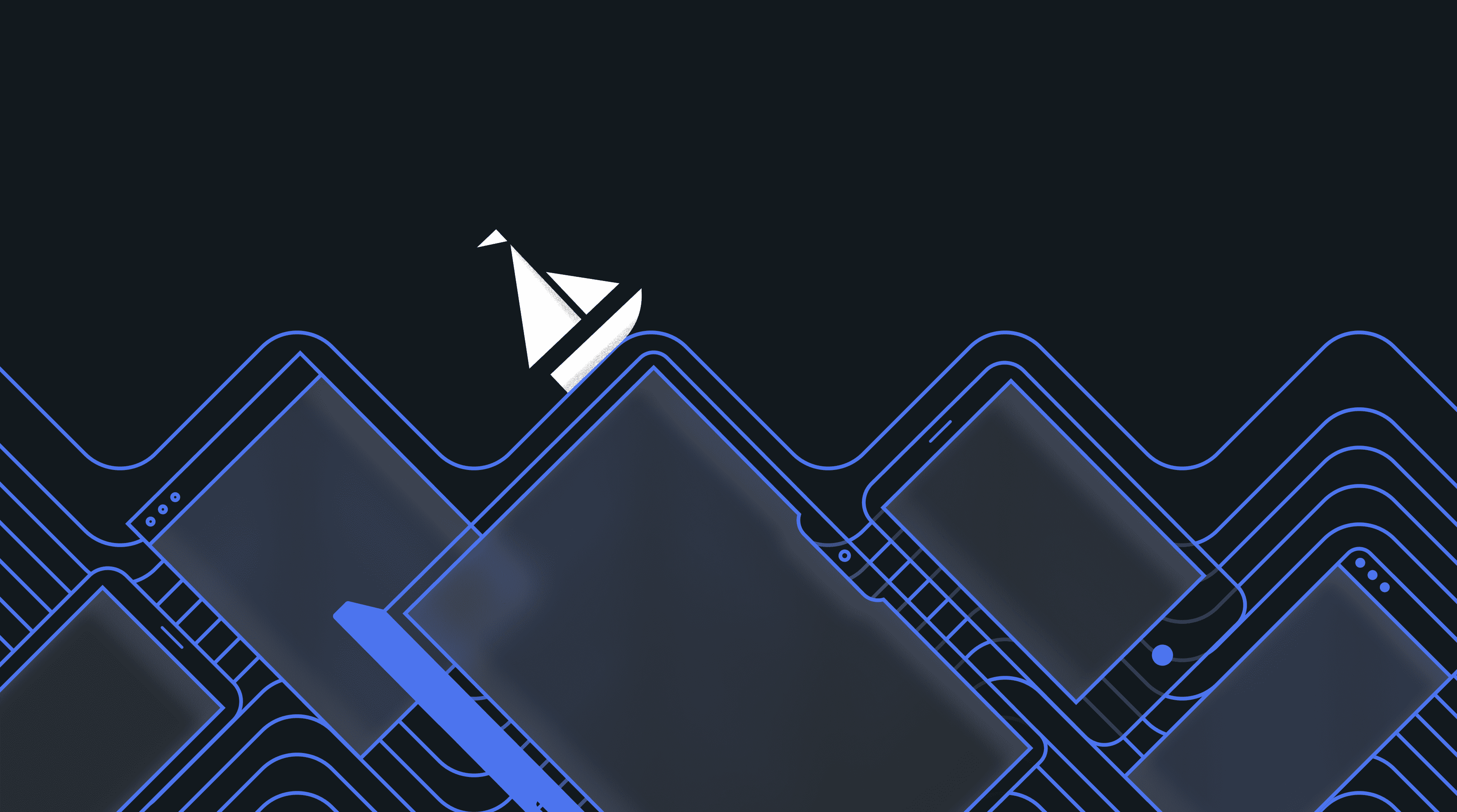 A sailboat floats over a series of digital devices like phones, tablets, and laptops, all outlined in blue waves and patterns.