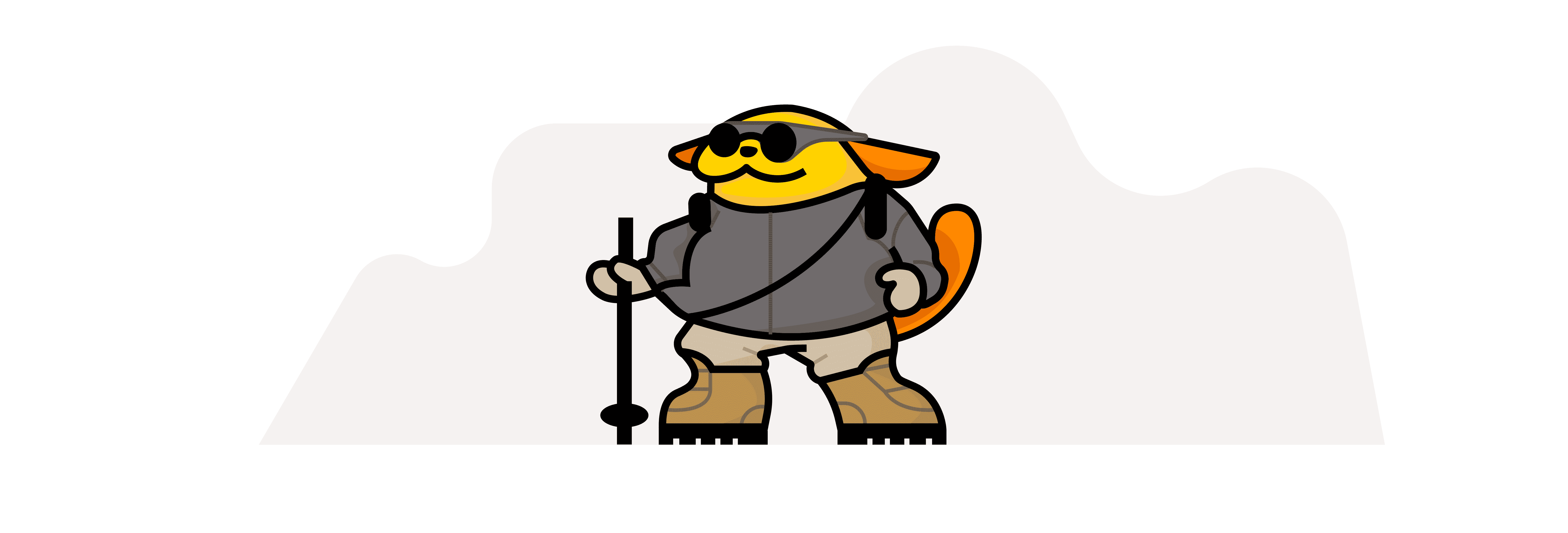 A colorful, cartoon-style illustration of Wapuu, a cheerful mascot with a bright yellow face and orange ears, dressed as an explorer. Wapuu is wearing a gray hiking jacket, beige pants, sturdy brown hiking boots, and sunglasses. The character holds a walking stick and carries a crossbody bag, standing against a soft, abstract mountain-shaped background.