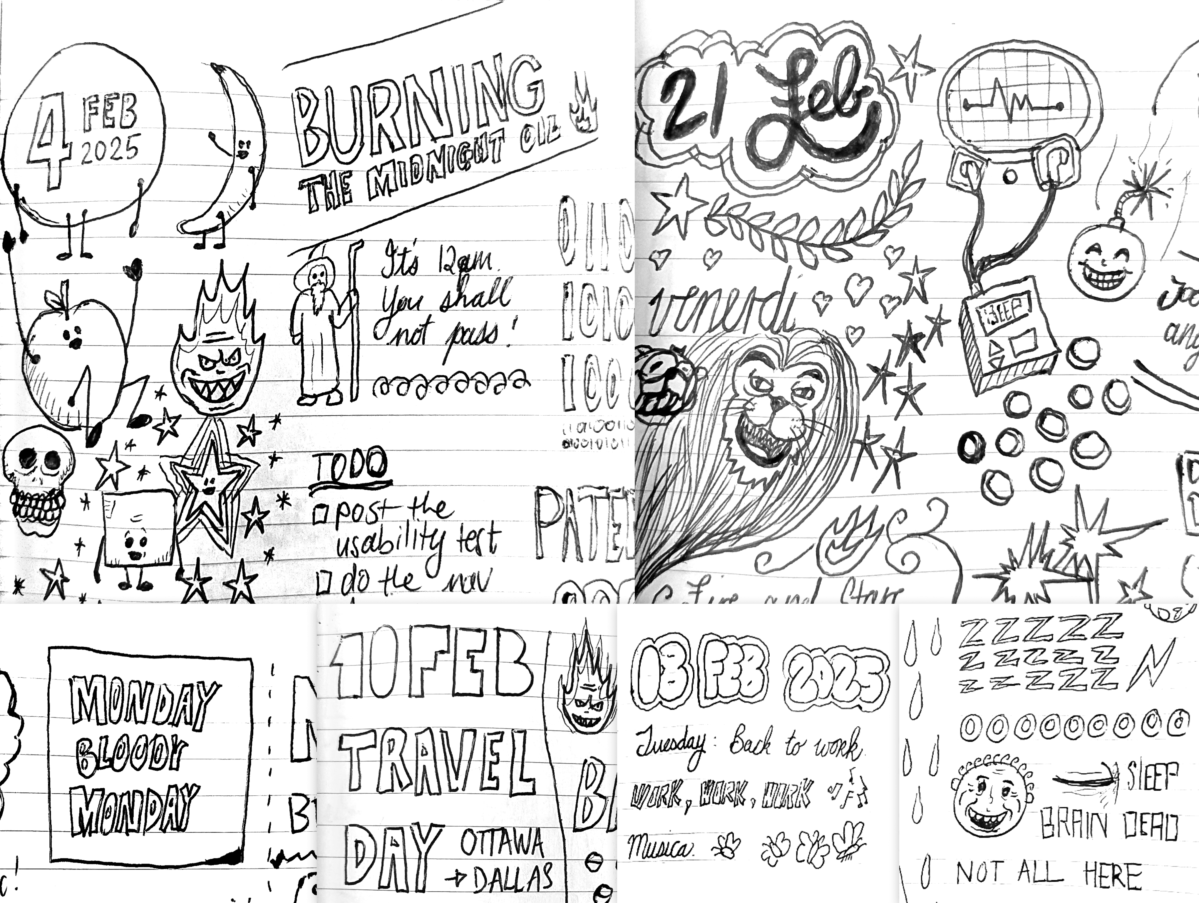 Hand-drawn notes and illustrations in a notebook, featuring dates, doodles, and various tasks and reminders, including elements like a lion, skulls, and playful typography.