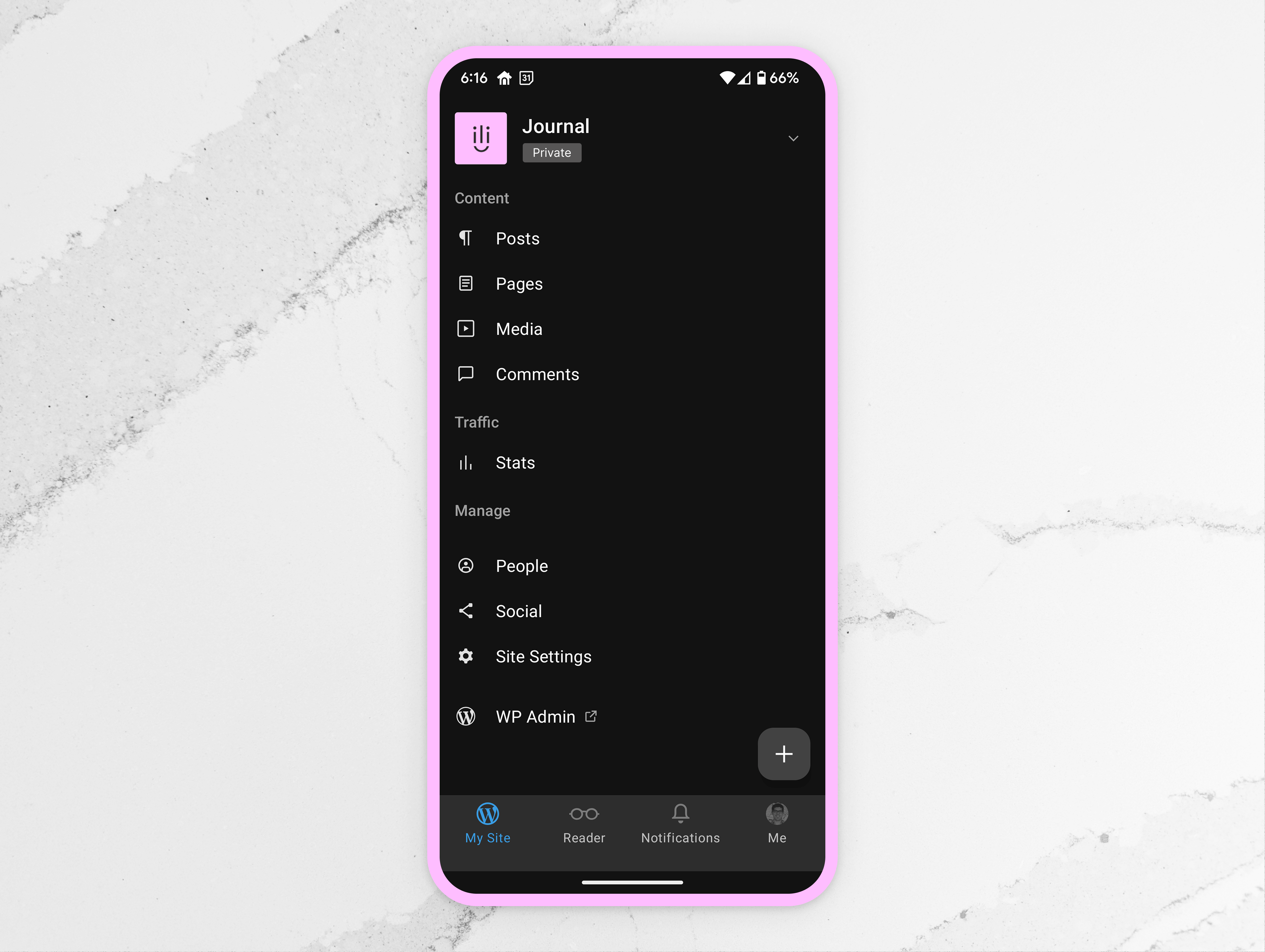 A mobile device displaying a dark-themed journal interface, showcasing options for posts, pages, media, comments, and site management.