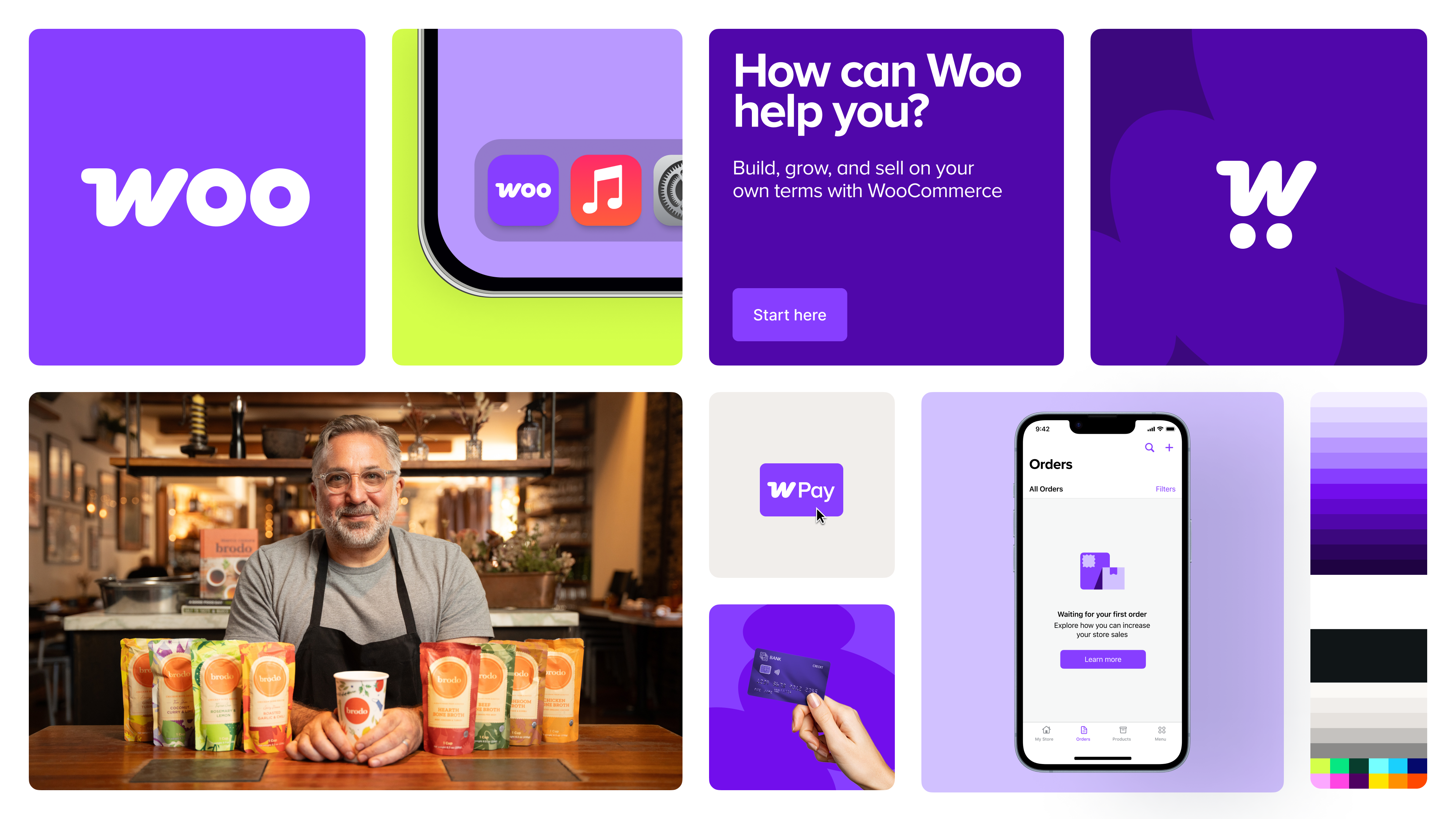 A collage of WooCommerce branding elements, including the Woo logo, promotional text, and a smartphone displaying the WooCommerce app. In the center, a man with glasses stands behind a table showcasing colorful soup packaging.