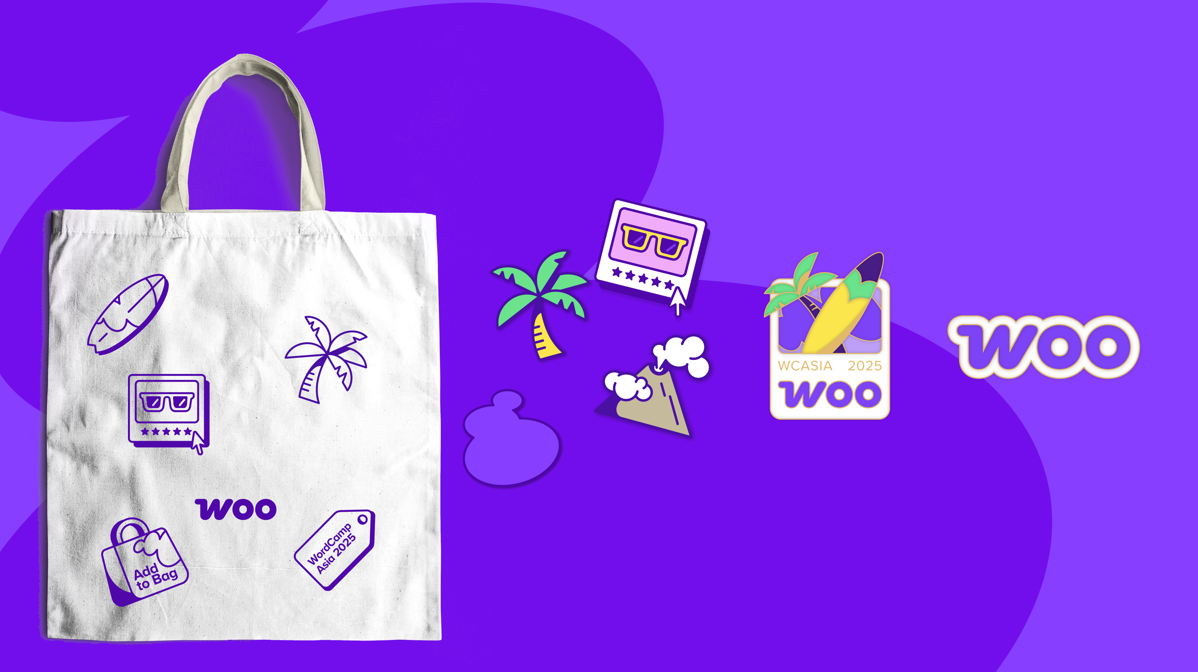 A cream-colored tote bag featuring various Woo purple icons including sunglasses, a surfboard, palm trees, and a tag that reads 'WCASIA 2025' alongside the word 'Woo.' The background is a vibrant purple color.