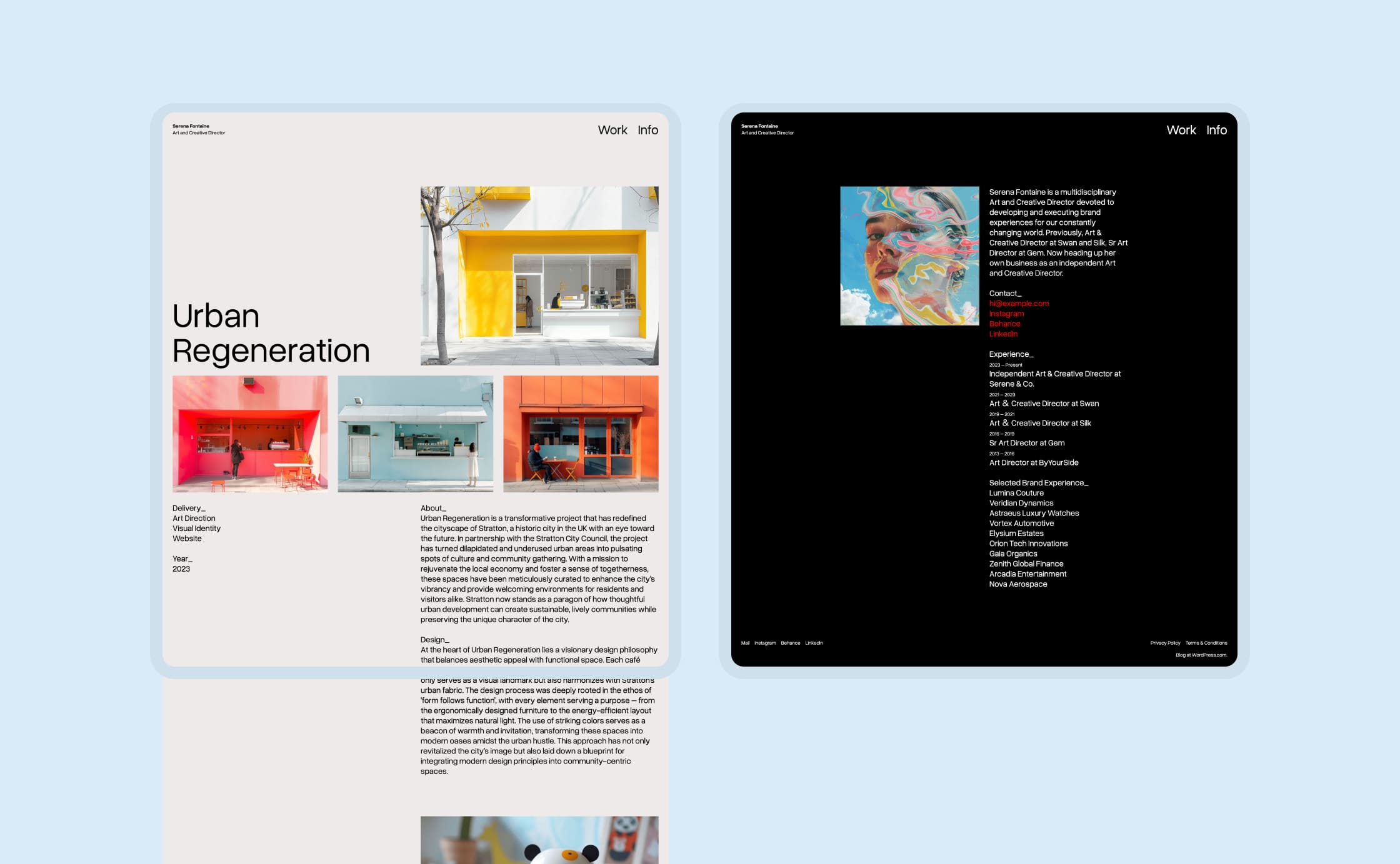 Desktop view of the work page and the info page templates in the Fontaine theme.