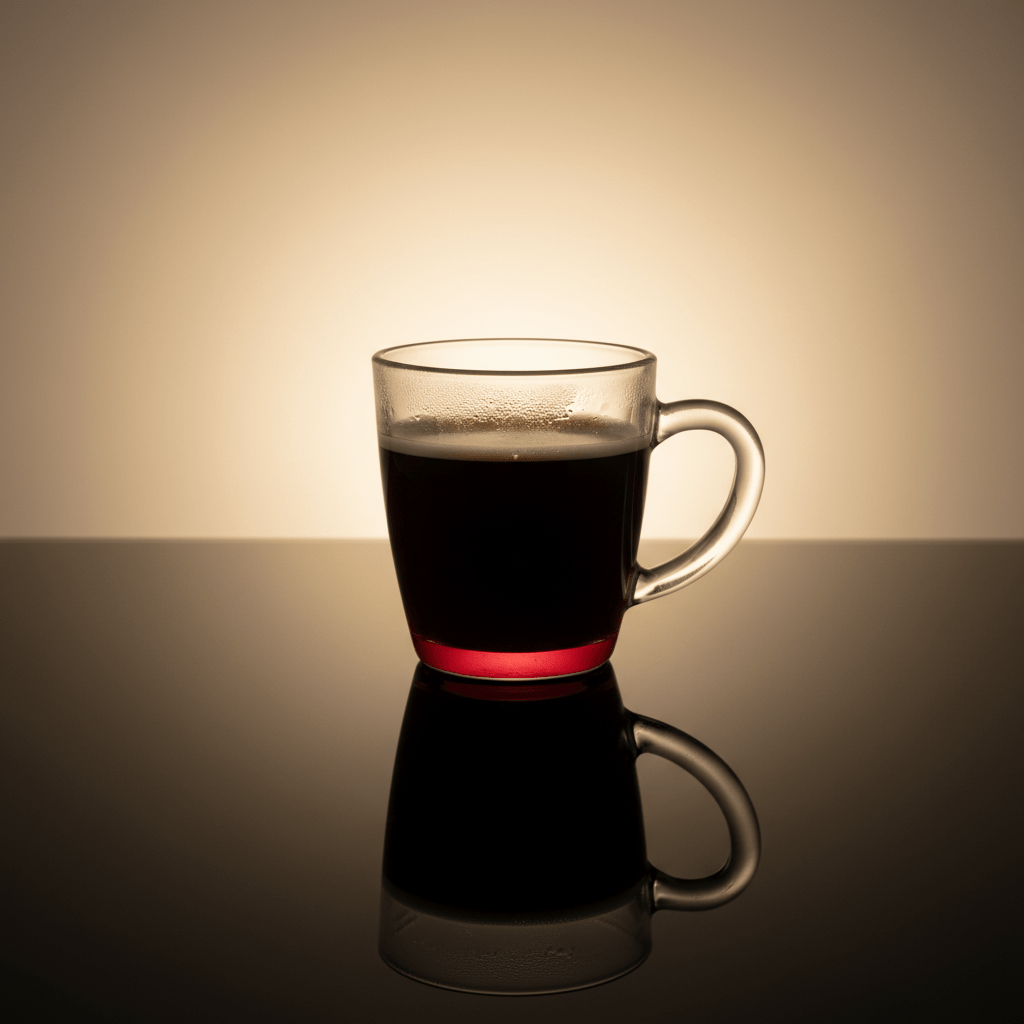 A glass mug of hot black coffee on a reflective surface, lit from behind, with fine condensation droplets on the glass above the coffee line.