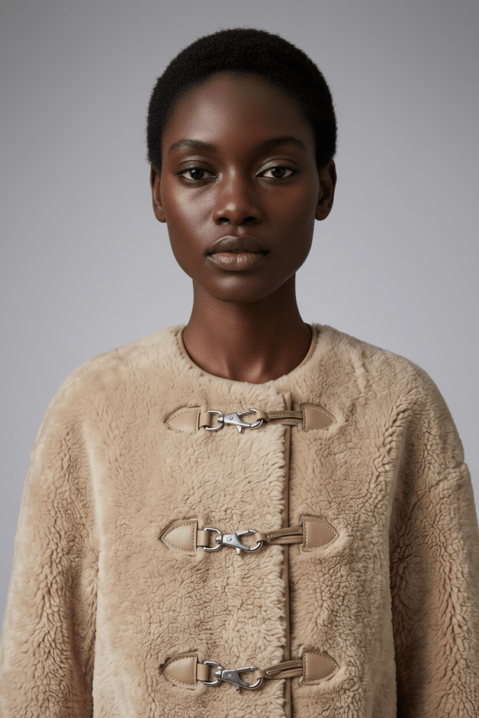 A model wearing a cream shearling jacket against a grey studio backdrop, with three silver clasp fastenings shown in close detail.
