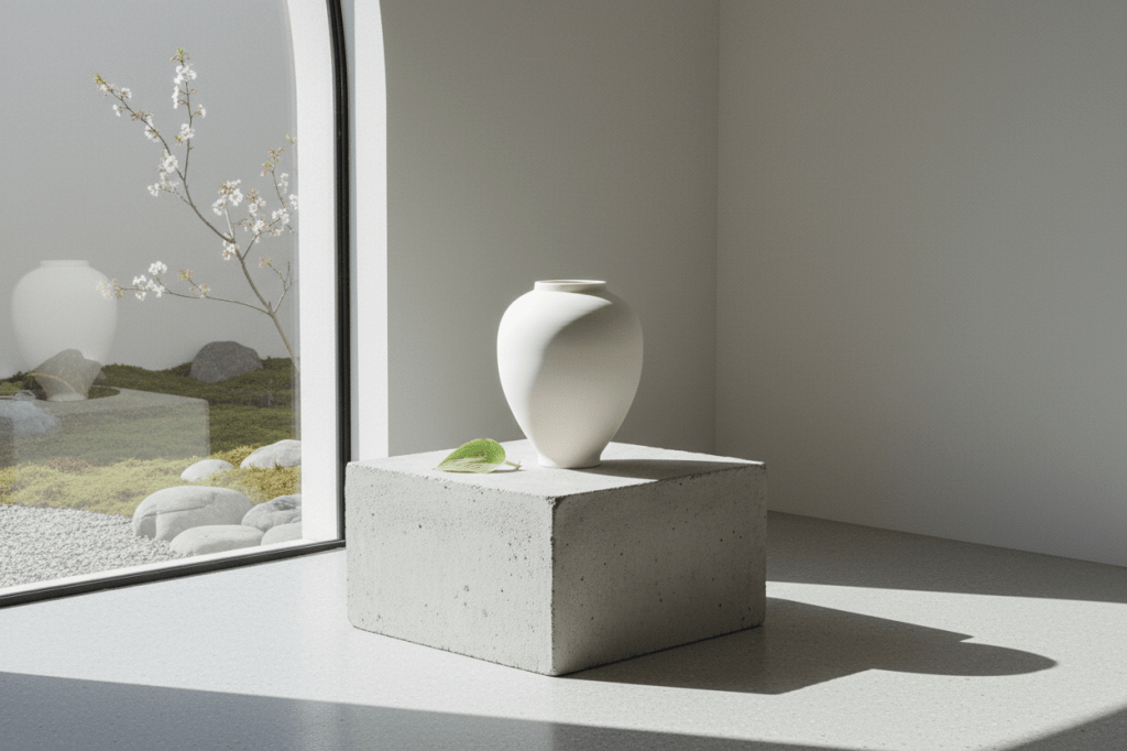 A white ceramic vase on a concrete plinth beside a window, with a blossoming branch and a rock garden visible outside.
